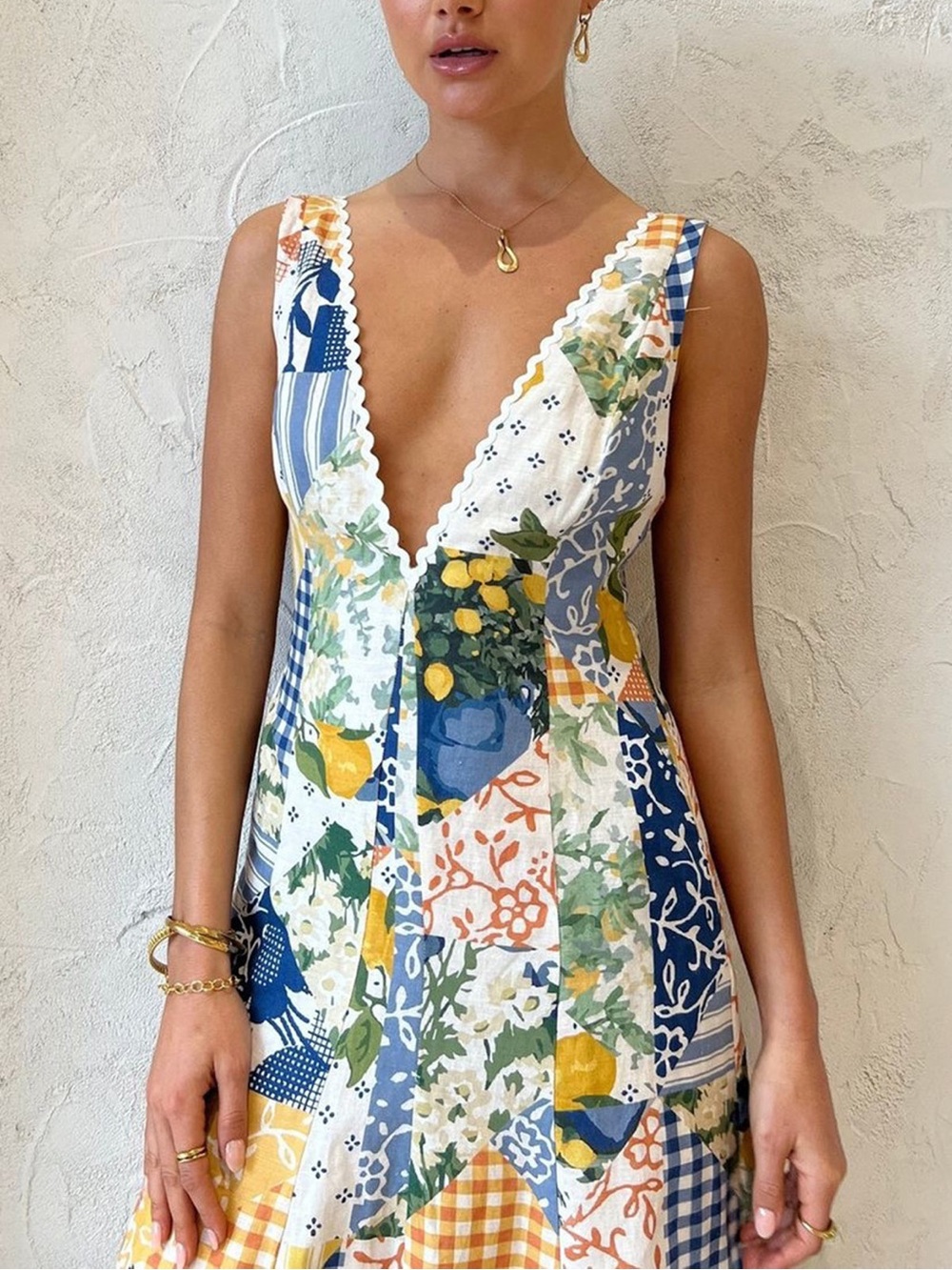 Commense Blue White Lemon Patchwork Floral Maxi Dress Lace Trim V Neck M - Picture 3 of 7